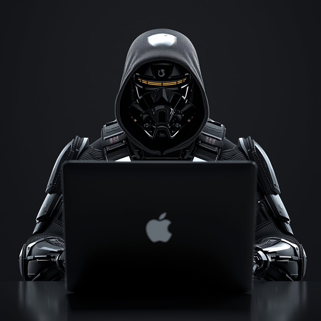 lucid origin generate a image of a ai soldier infront of a laptop 0