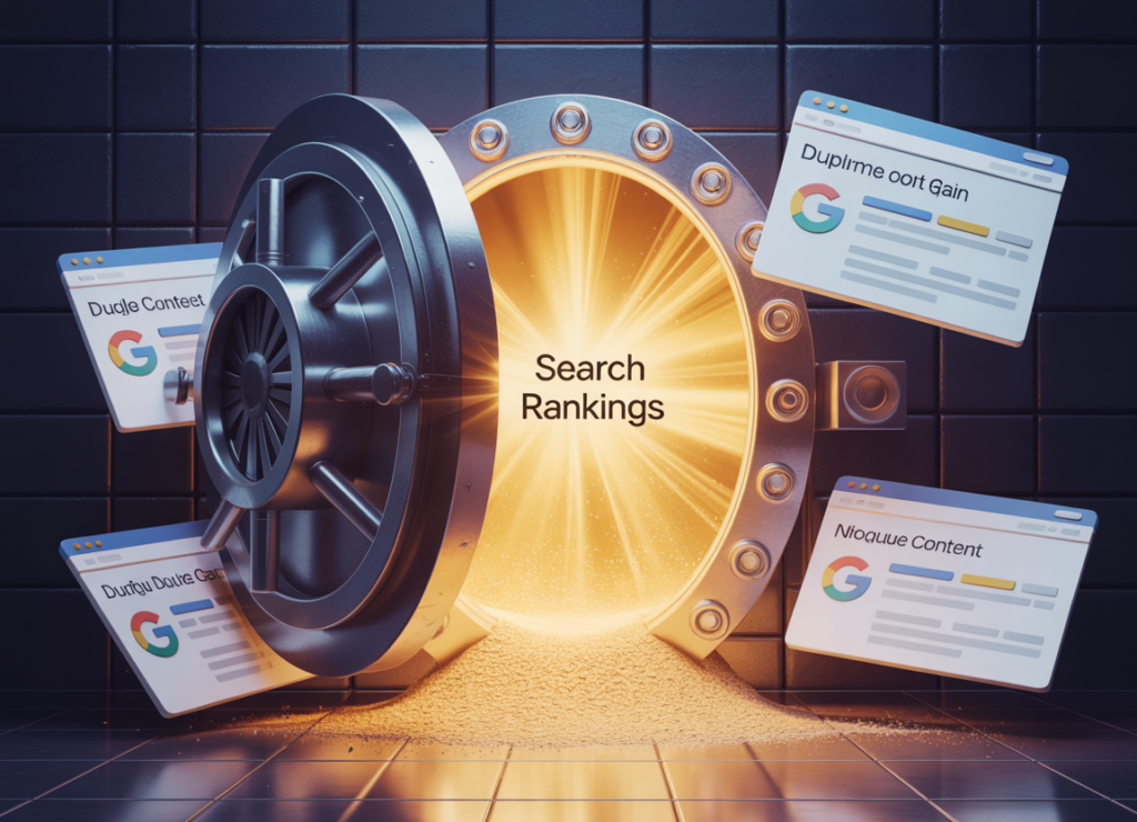 ideogram v3.0 a glowing vault door labeled “search rankings” slightly open. golden light b 0