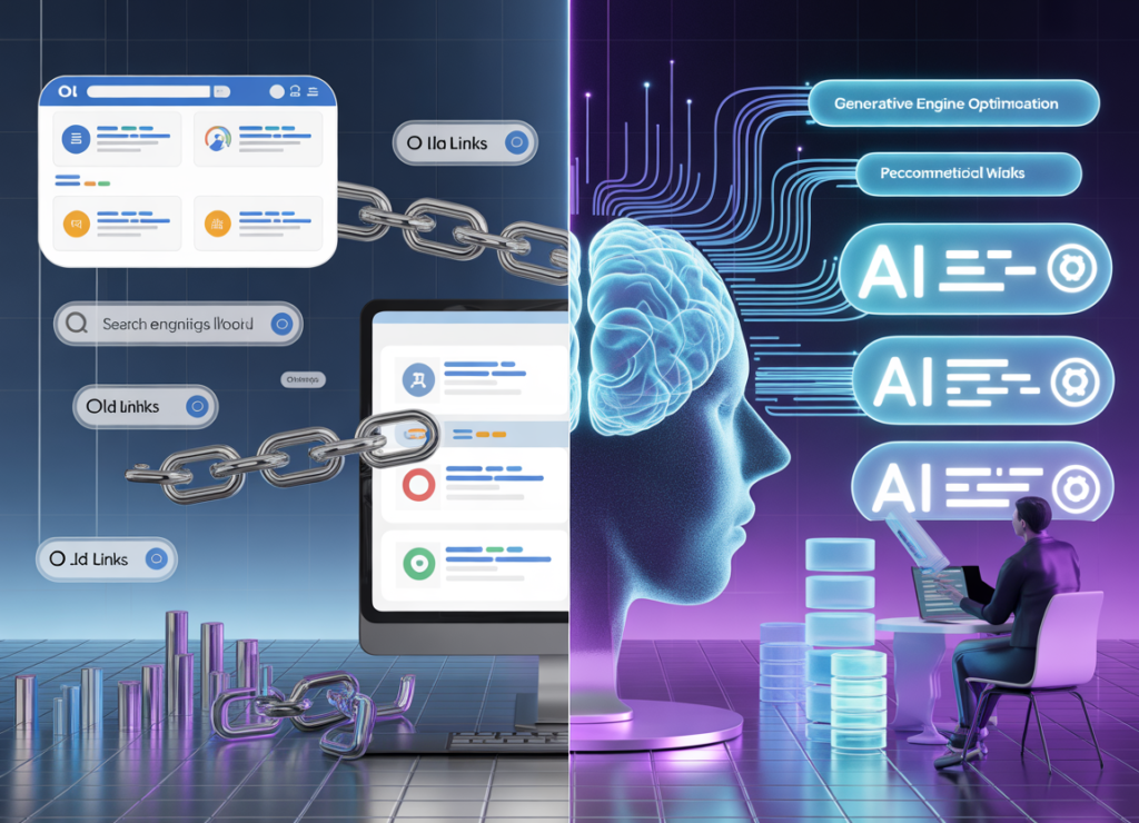 ideogram v3.0 scene idea a split screen futuristic digital illustration. left side old seo wor 0