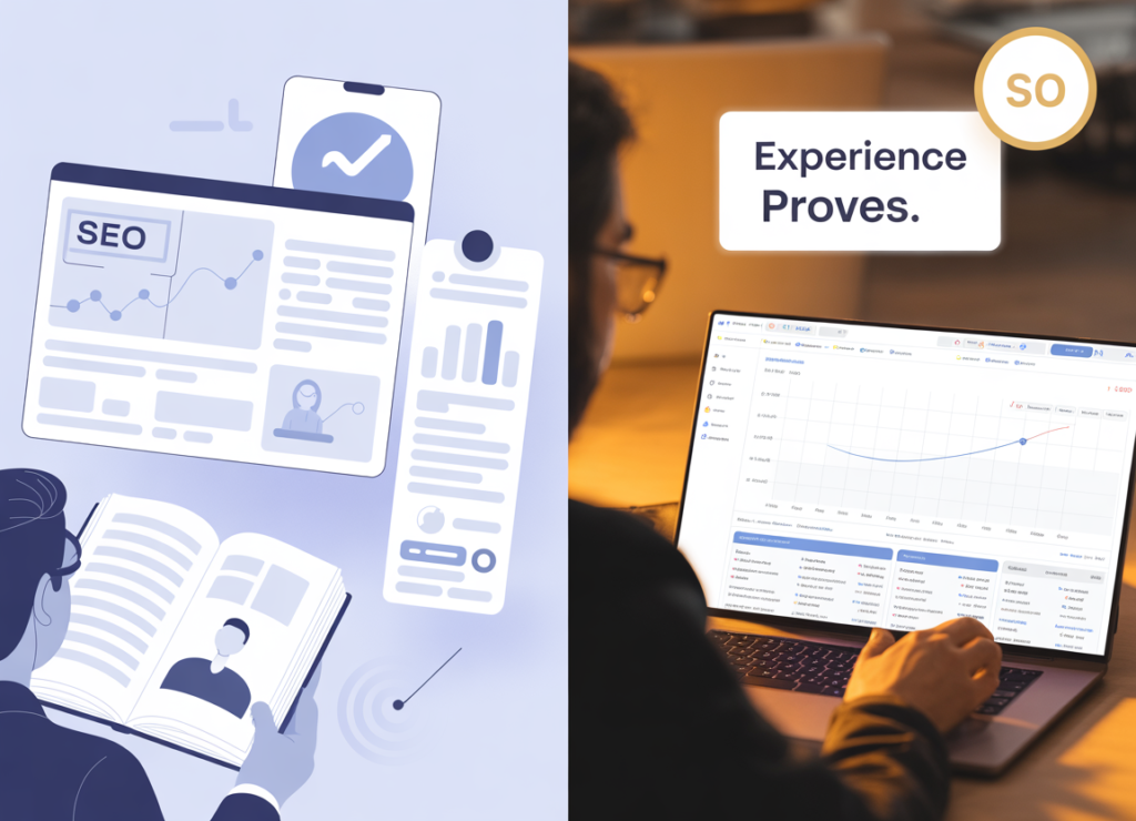 ideogram v3.0 split screen comparison. left side a person reading seo theory from books and sc 0