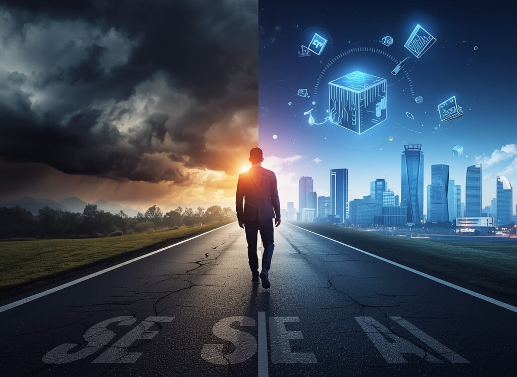 lucid origin a digital marketer standing at a crossroads. left path dark cracked road old seo 0